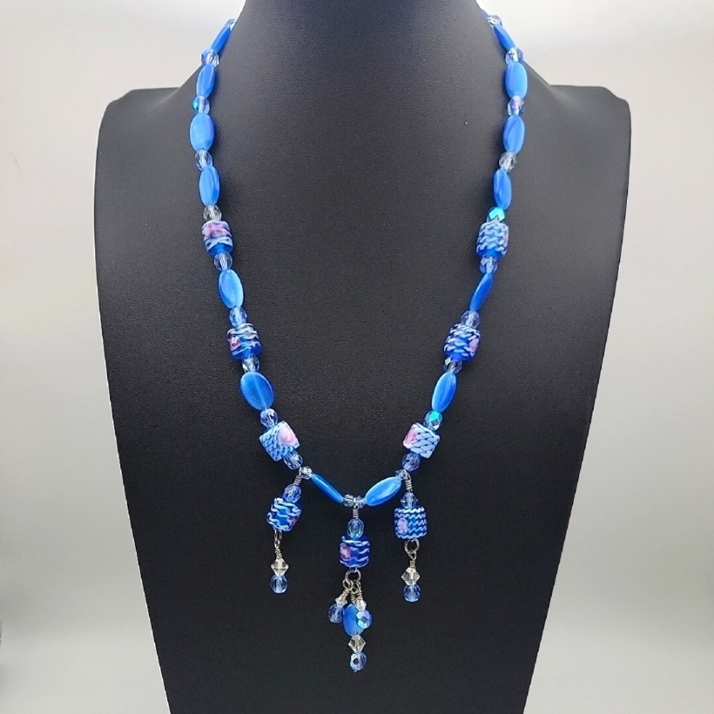 Blue Cascade Cat Eye Art Glass  Necklace Cateye Crystal Artisian Made For You